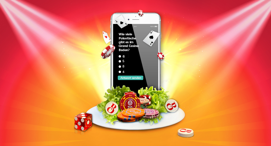 Smartphone mit Quizfrage zum Thema Poker. Jetons, Würfel und Dinner